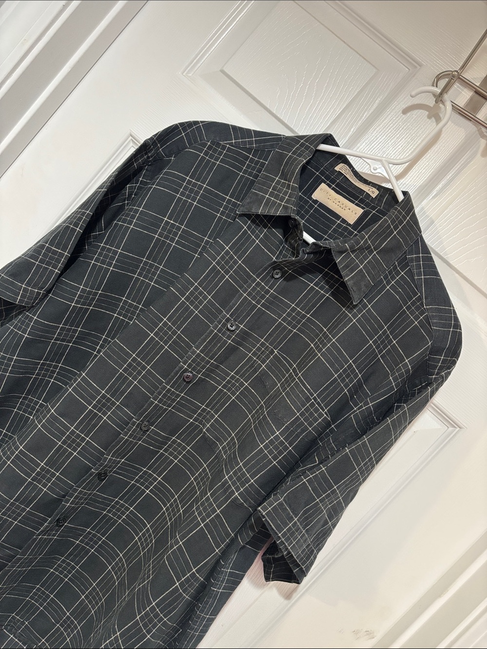 CITY CASUALS BY HAGGAR Linen Blend Charcoal Plaid Button-Down Shirt